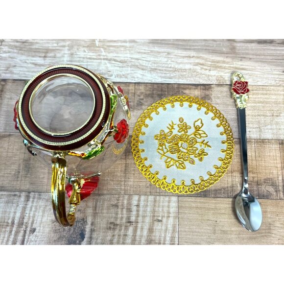 ARC Glass Mug Cup with Metal Red Roses & Butterfly and Spoon - Picture 8 of 8